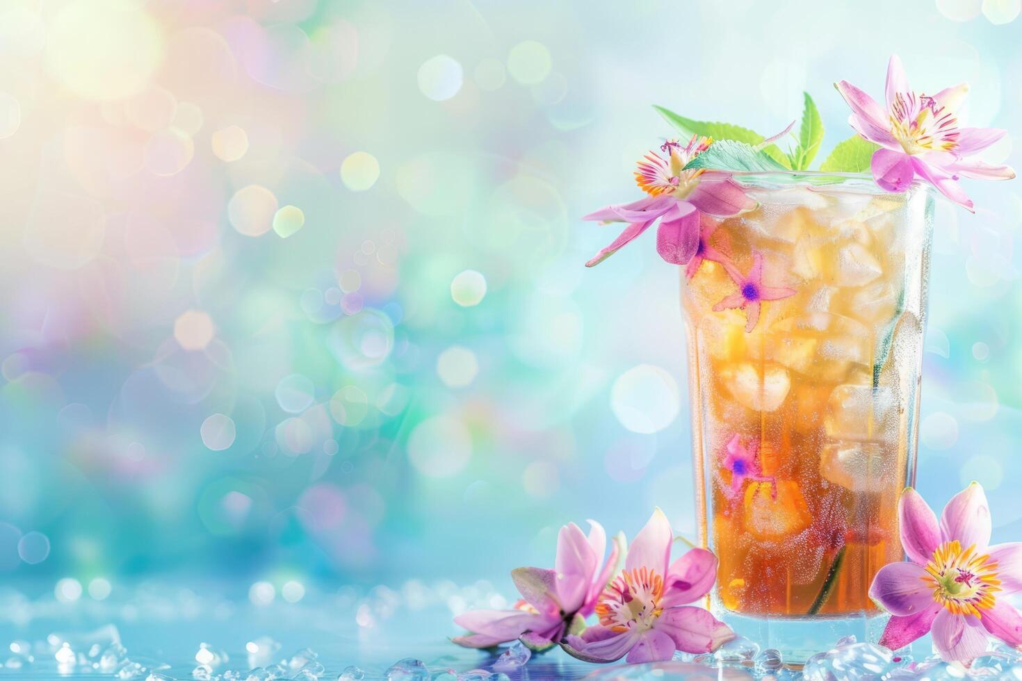 AI generated Ice tea with passionflower, tropical beach background, space for text photo