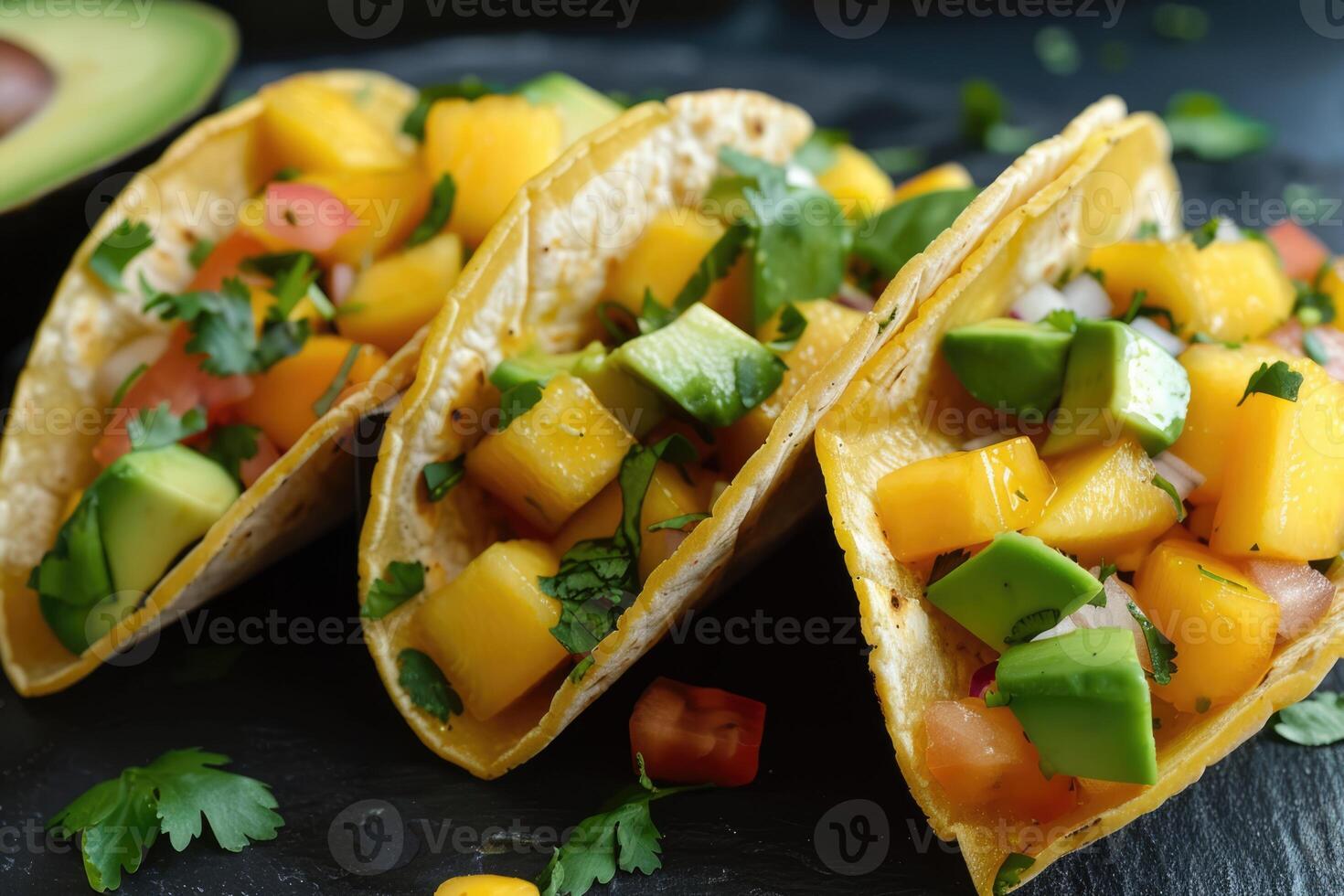 AI generated Mexican Mango avocado tacos. tofu, grilled chicken, tomato salsa sauce, onion in corn tortilla photo