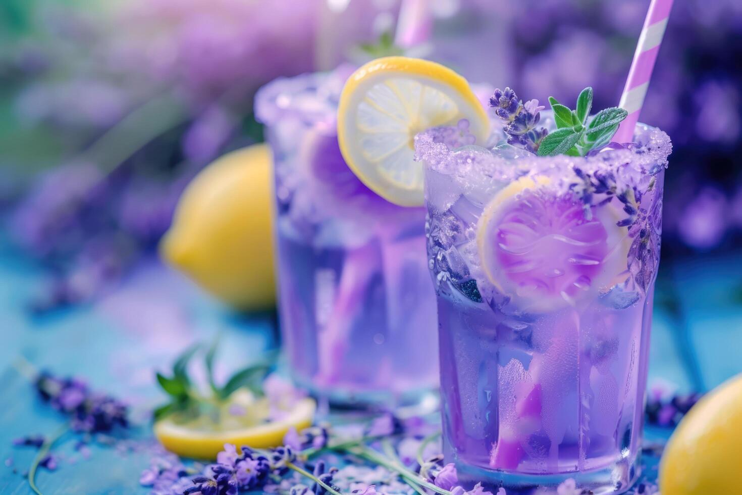 AI generated pink lavender lemonade with a slice of lemon, Provence style, space for text photo