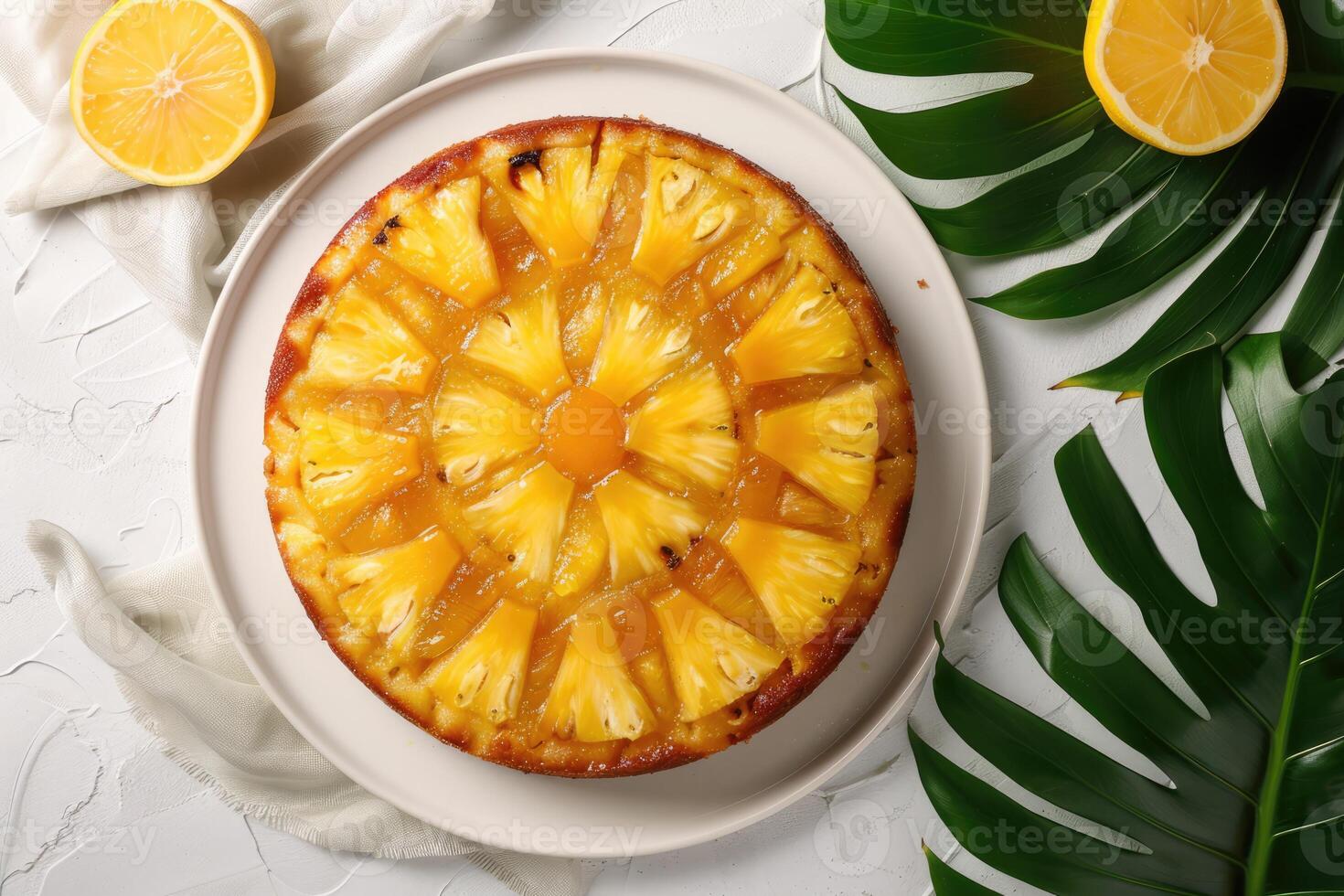 AI generated Crushed, pineapple, upside down cake, fine tableware, tropical leaves, space for text photo