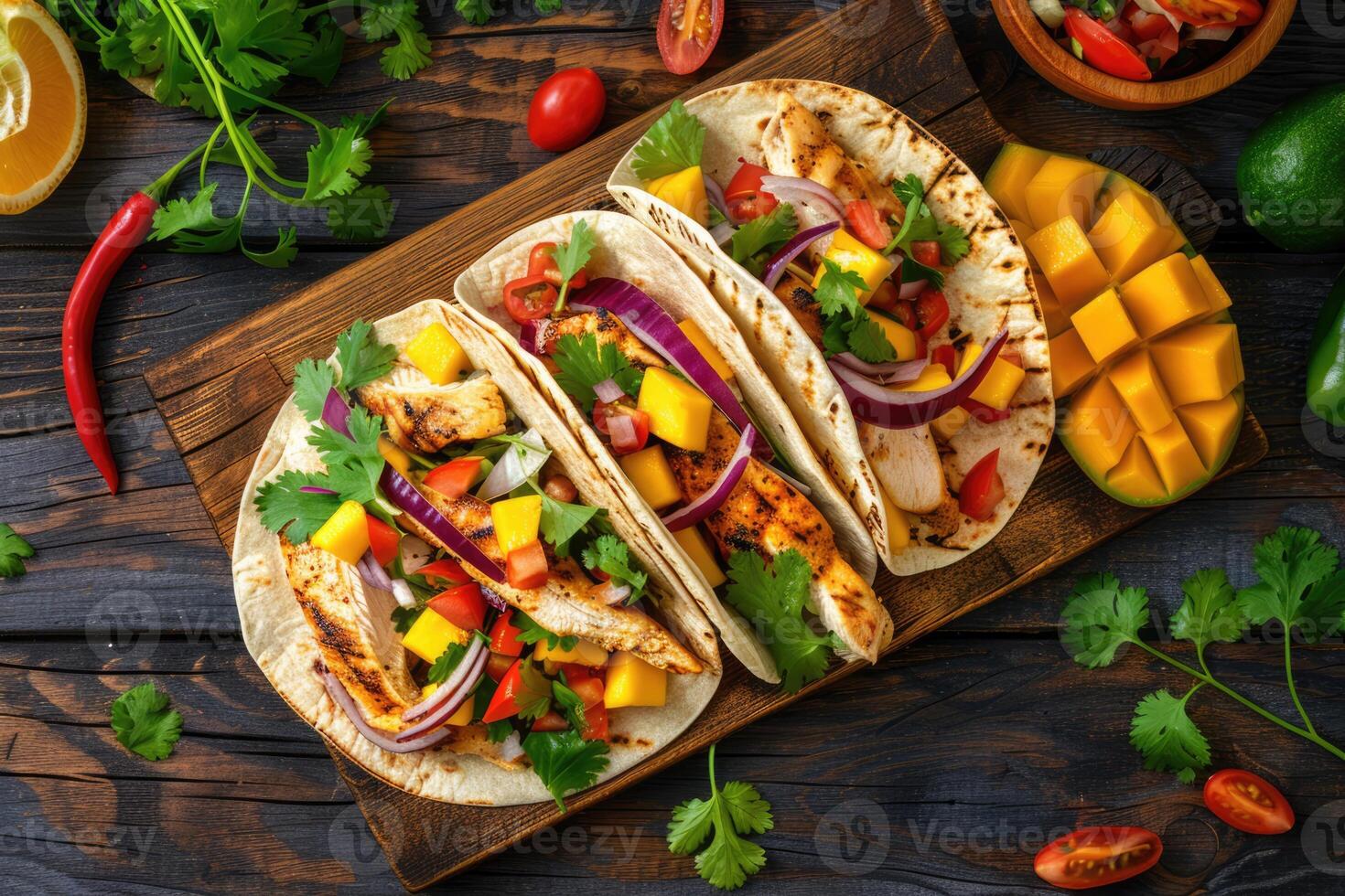 AI generated Mexican Mango avocado tacos. tofu, grilled chicken, tomato salsa sauce, onion in corn tortilla photo