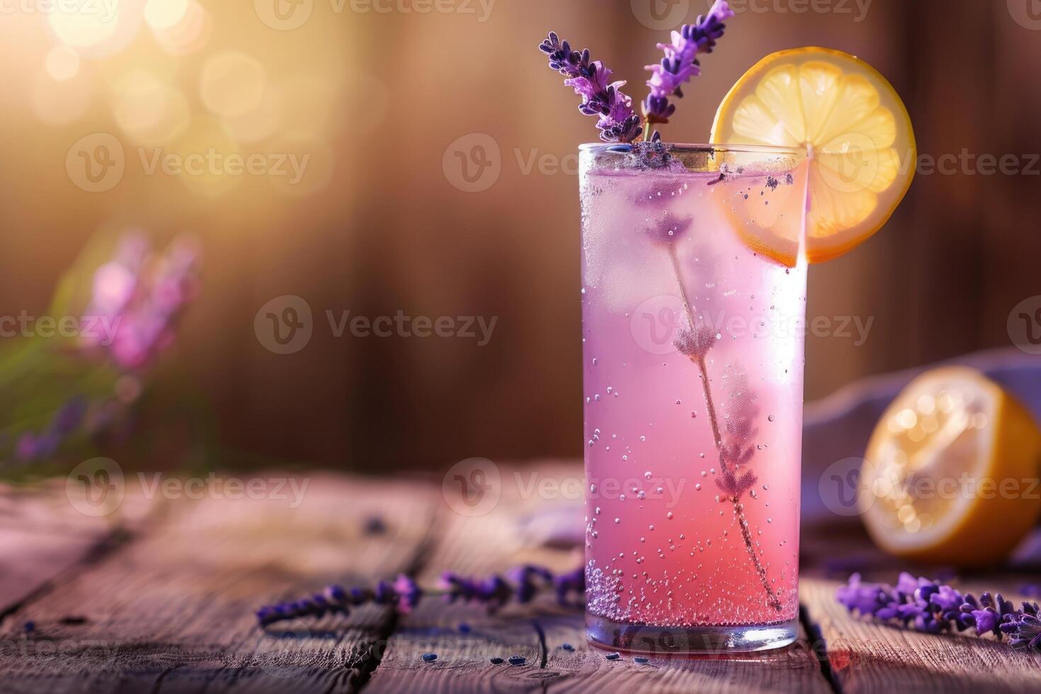 AI generated pink lavender lemonade with a slice of lemon, Provence style, space for text photo