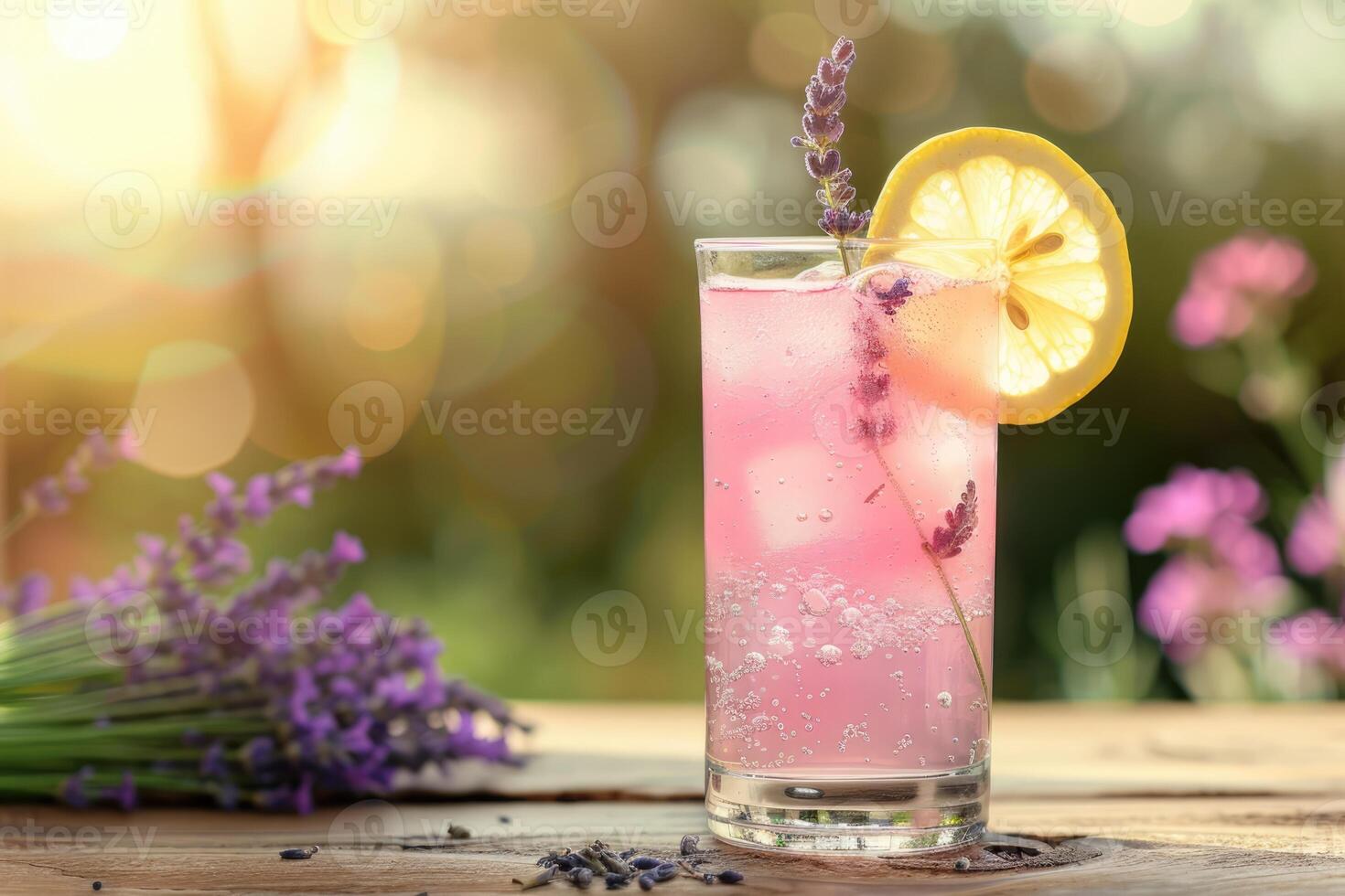 AI generated pink lavender lemonade with a slice of lemon, Provence style, space for text photo