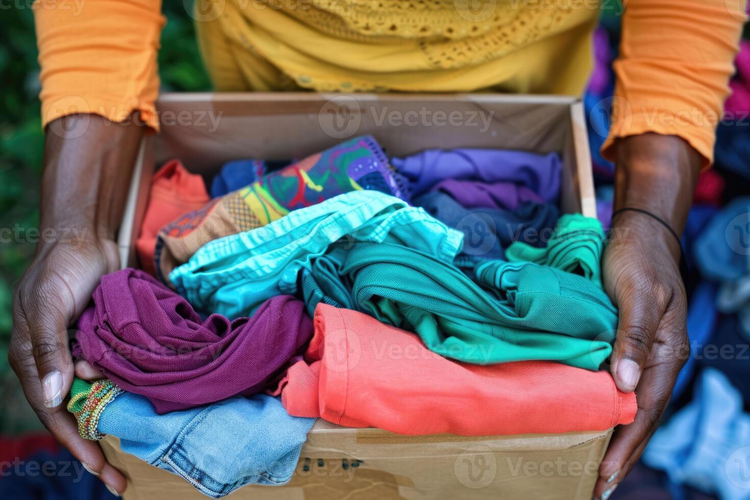 AI generated Volunteer holding a clothes donation box. Charity. Help for people in need photo