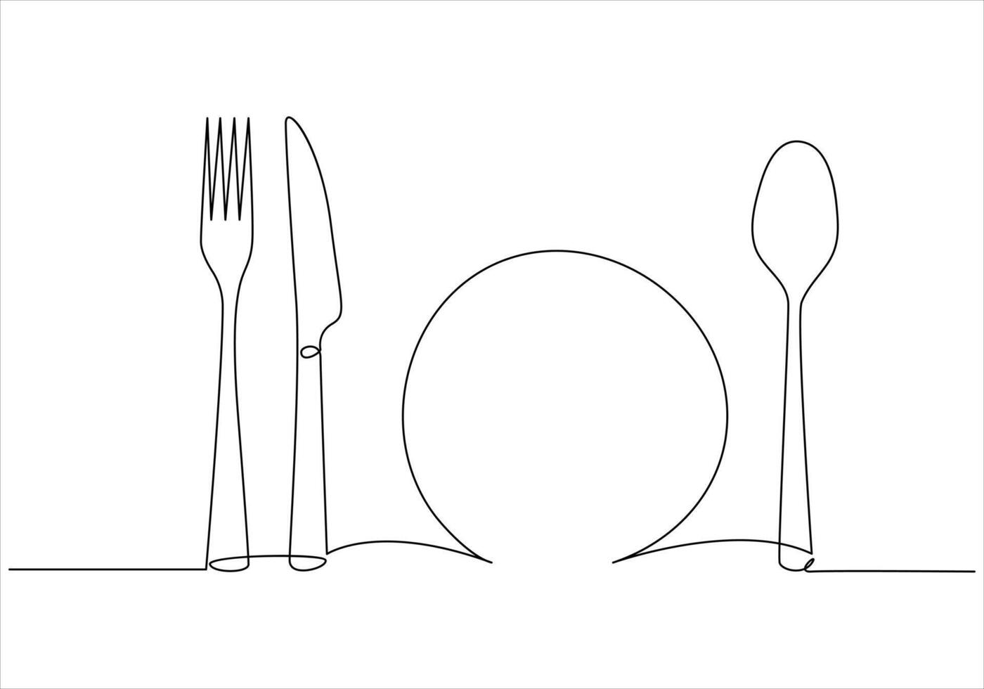 Continuous one line drawing of fork knife spoon and plate out line vector art illustration