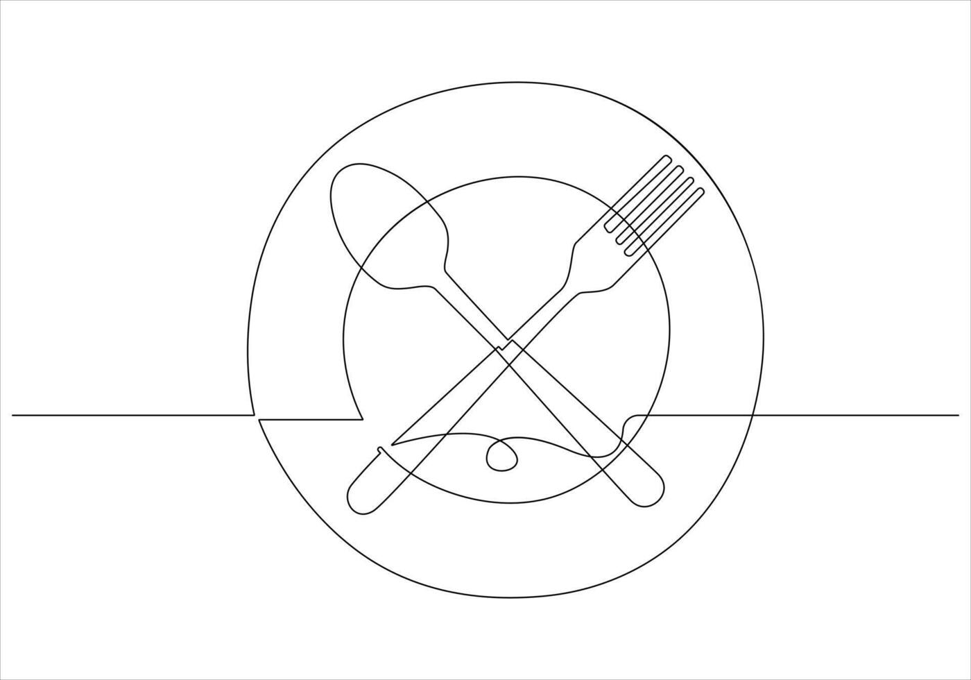 Continuous one line drawing of fork knife spoon and plate out line vector art illustration