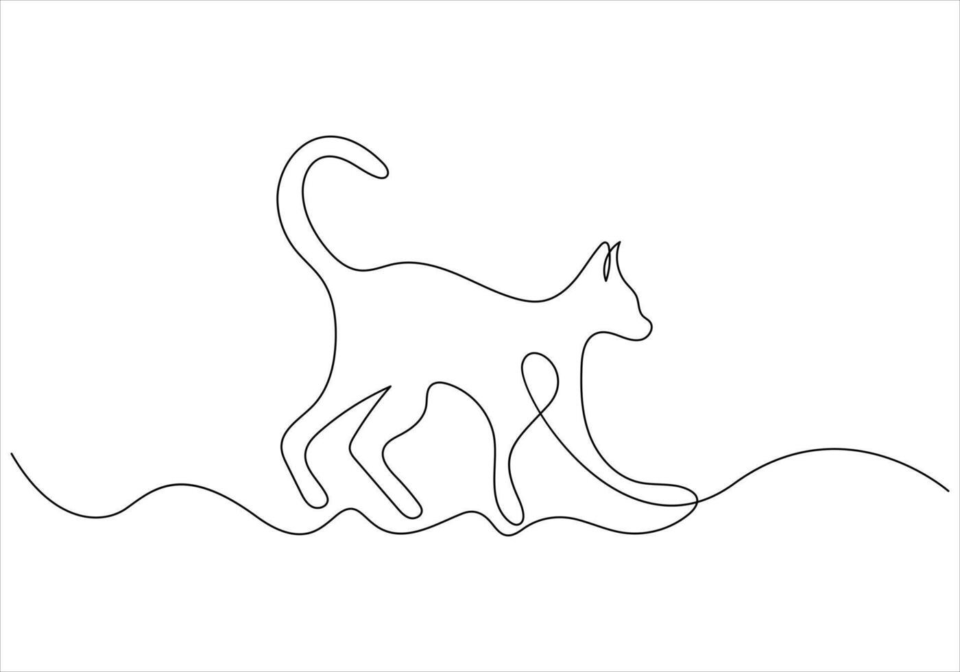 Continuous one line drawing of cat out line vector art illustration