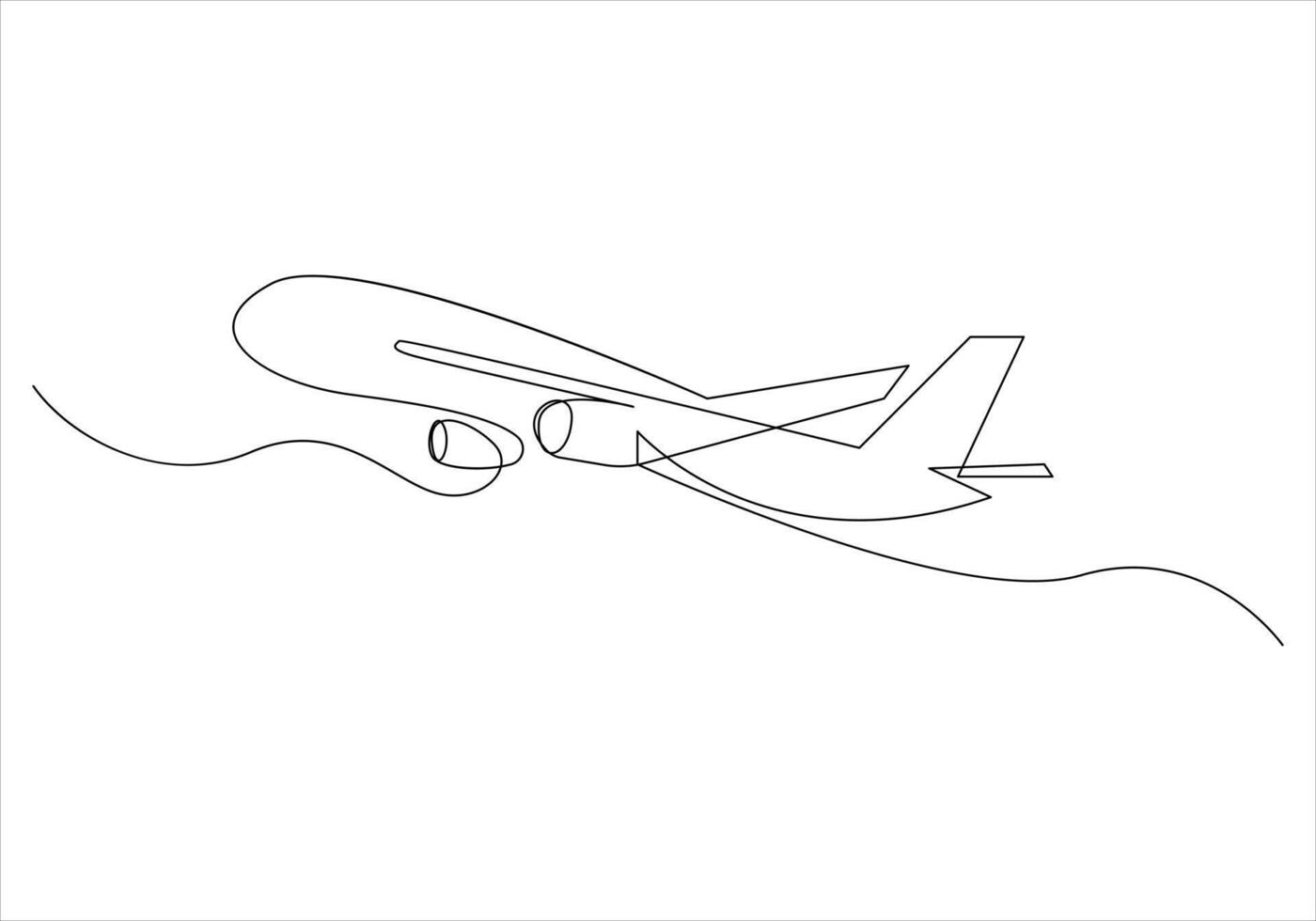 Continuous one line drawing of airplane out line vector art illustration