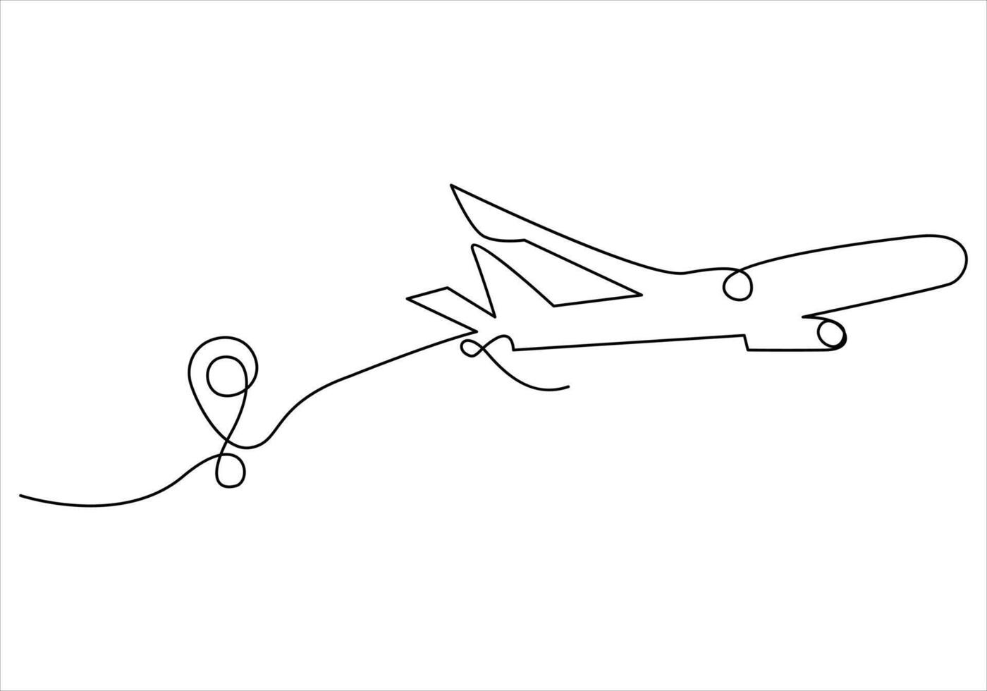 Continuous one line drawing of airplane out line vector art illustration