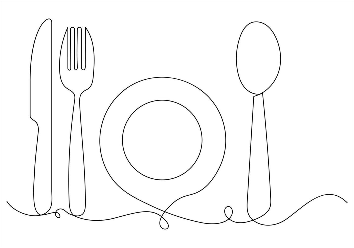 Continuous one line drawing of fork knife spoon and plate out line vector art illustration