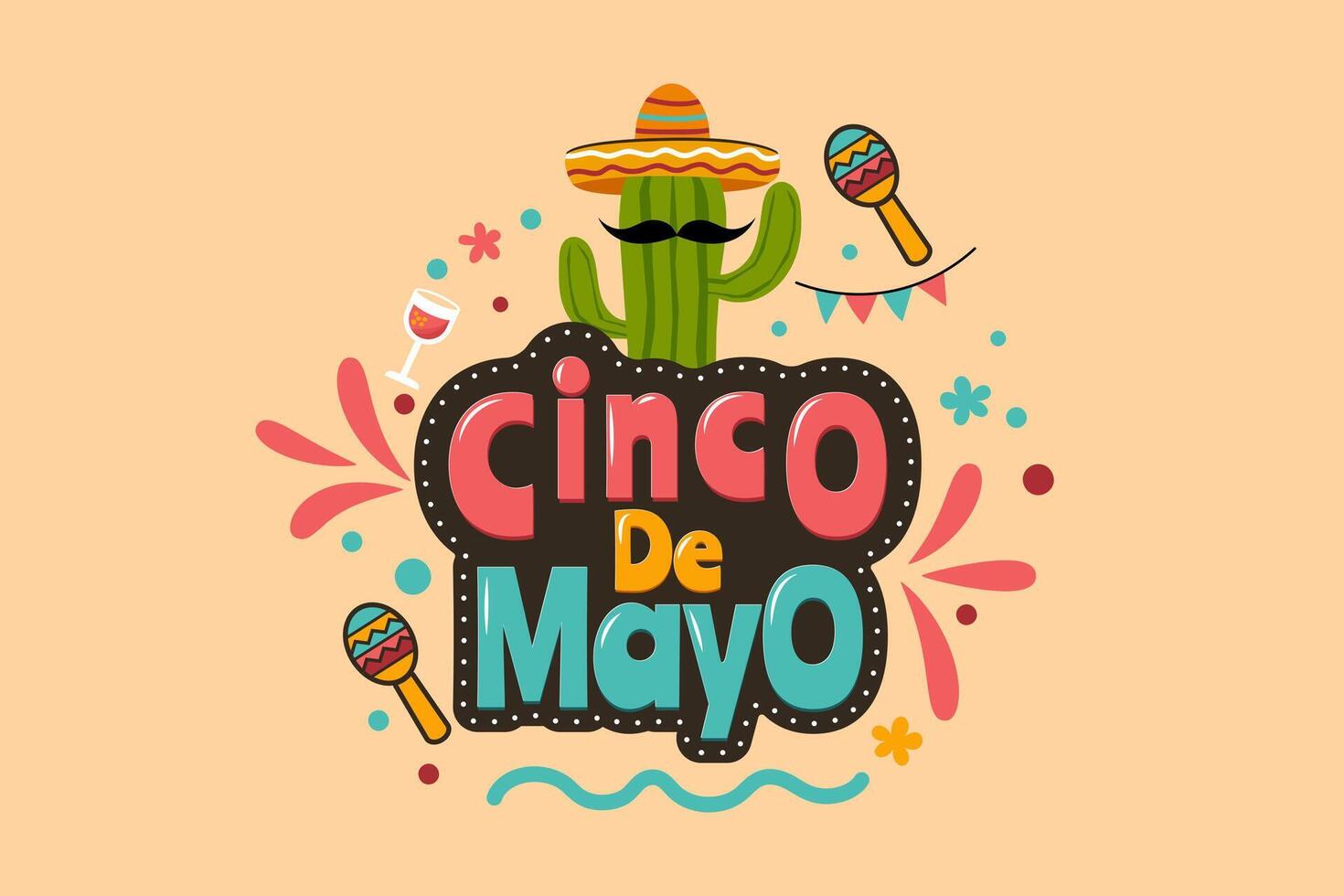 Cinco De Mayo. Maracas with Cactus using Sombrero. vector