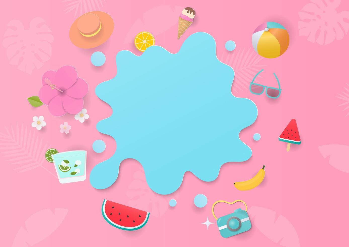 Blue liquid shape and cute summer elements background vector