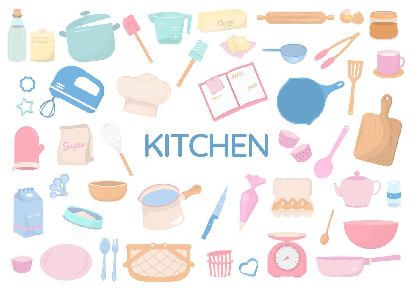 Kitchen utensil elements set in pastel color vector