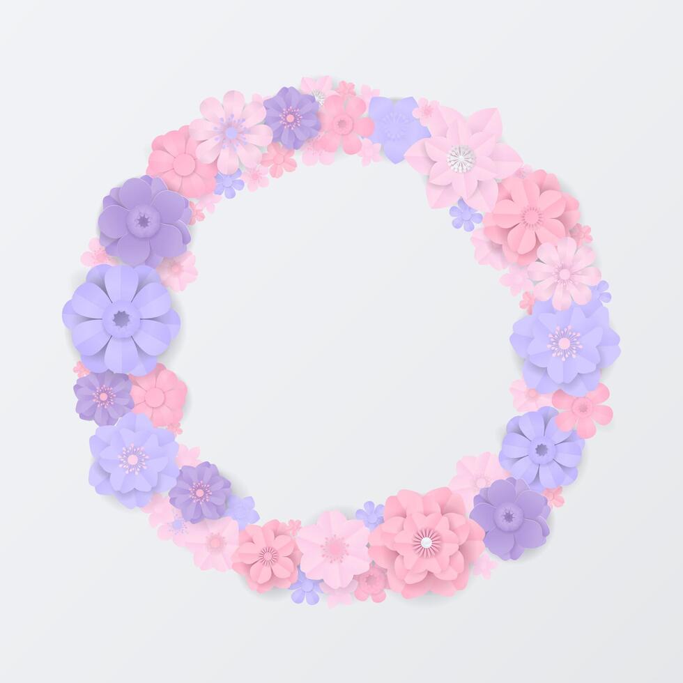 Pastel paper flowers wreath on white background vector