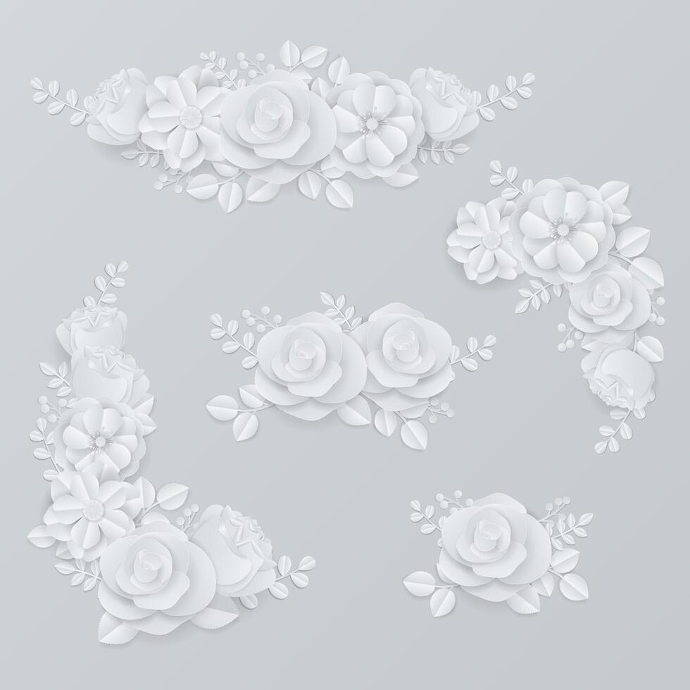 Paper flowers wreath set on gray background vector