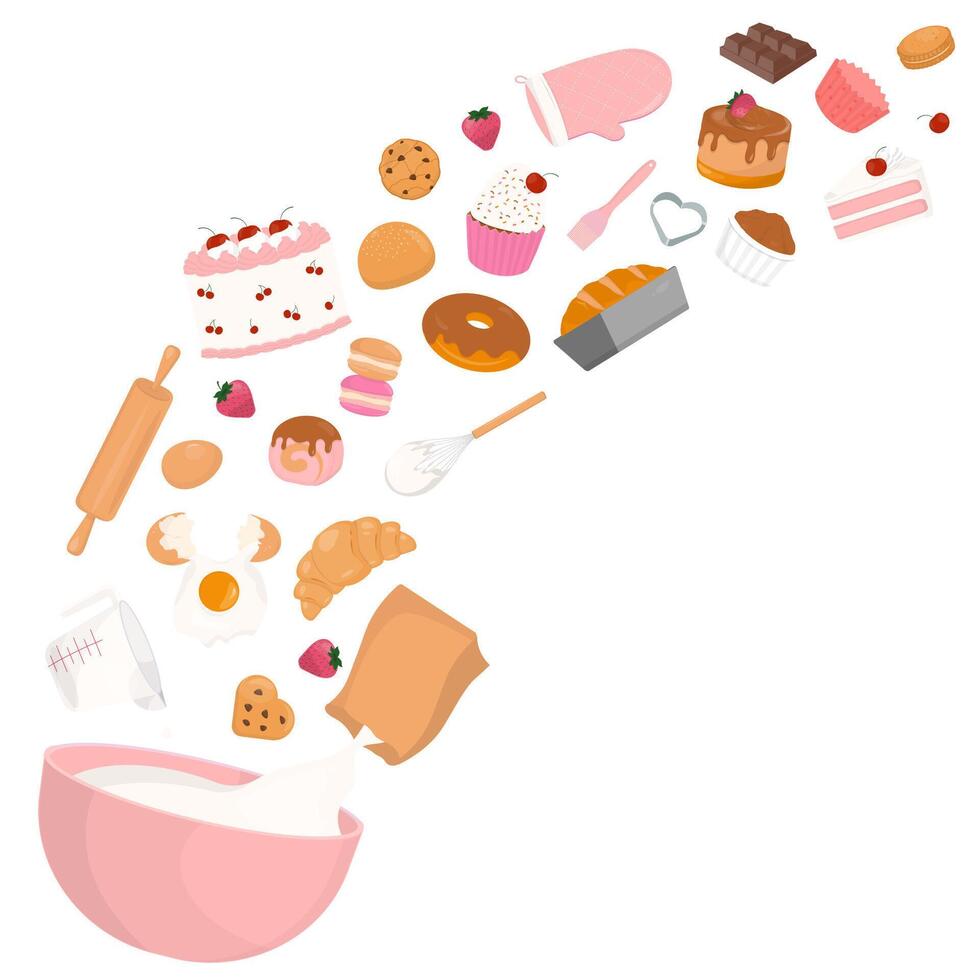 Mixing bowl and bakery products on white background vector