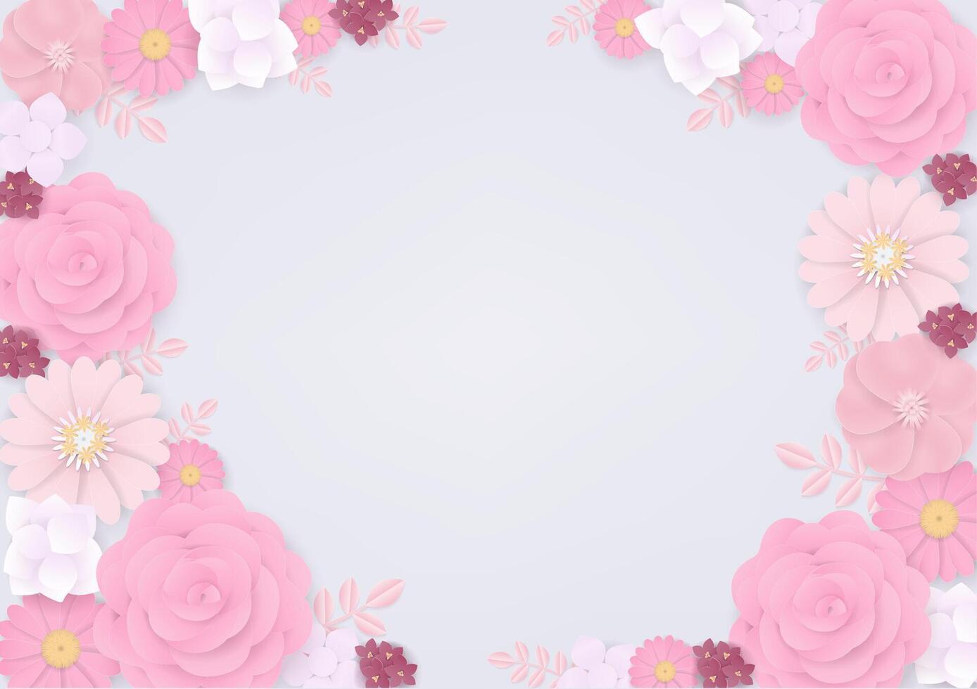 Pink paper flowers and leaf frame vector