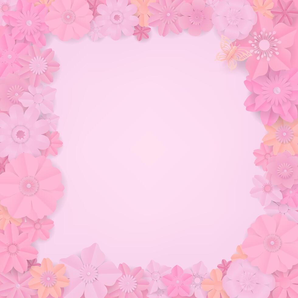 Set of pink paper flowers frame on pink background vector