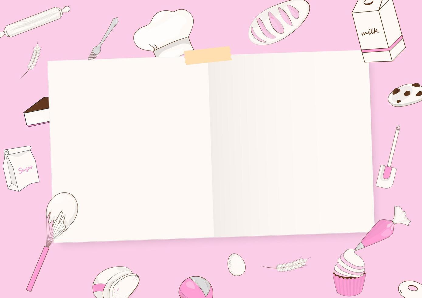 Note paper and bakery on pink background vector