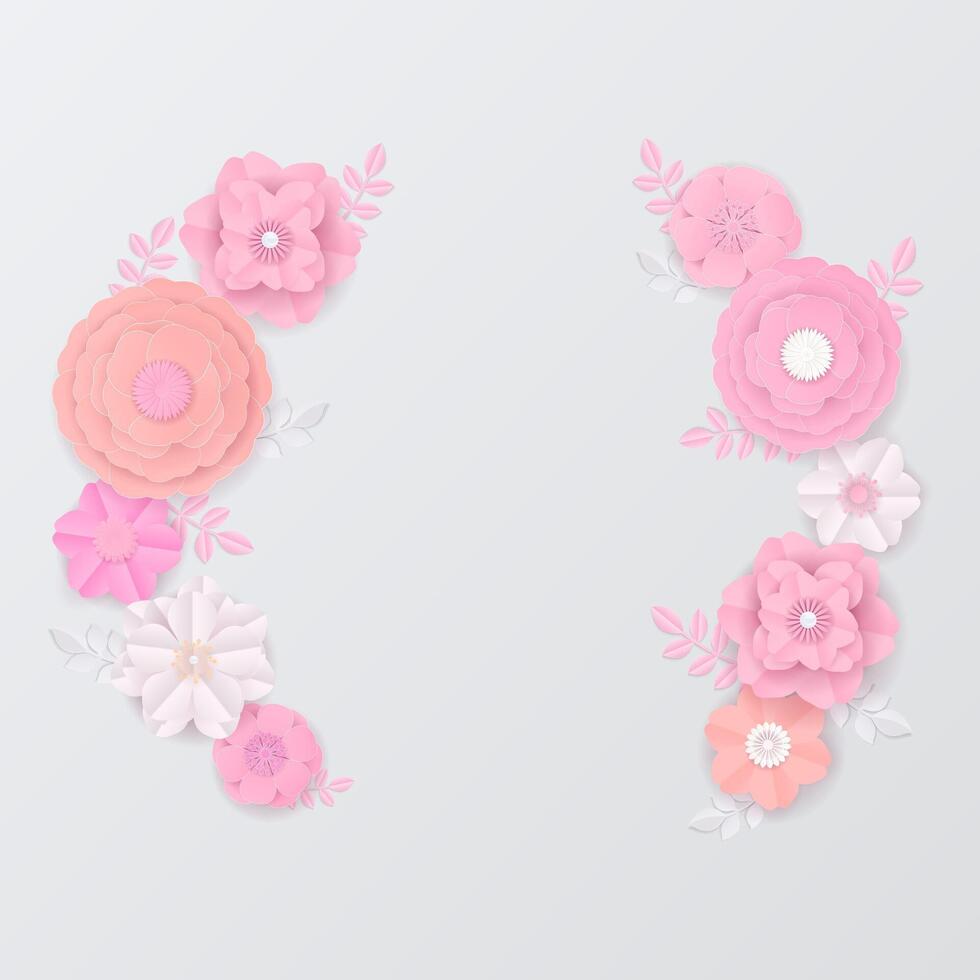 Pastel paper flowers wreath on white background vector