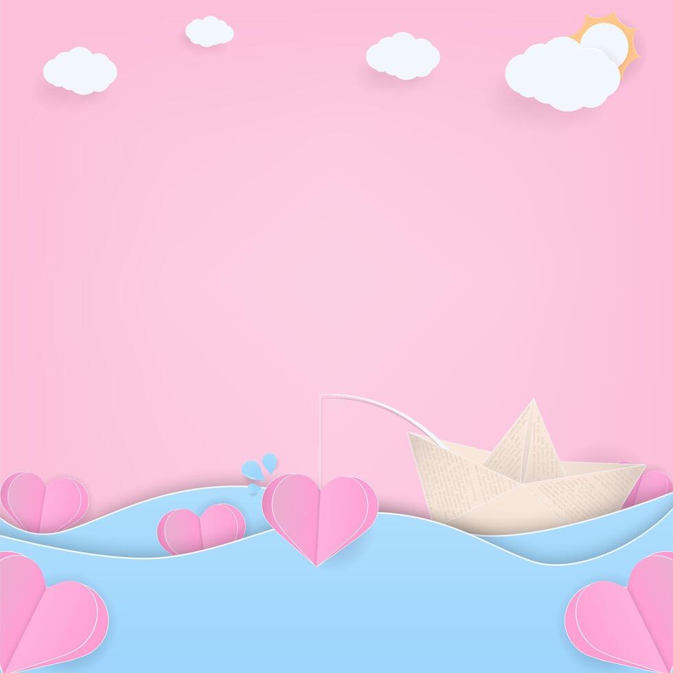 Pink heart and boat paper art background vector