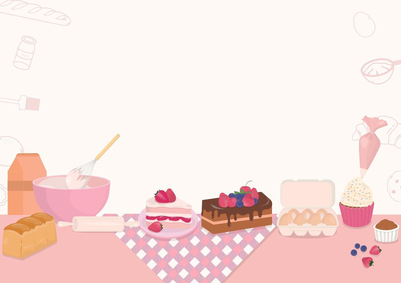 Baking bakery with cake and bread background vector