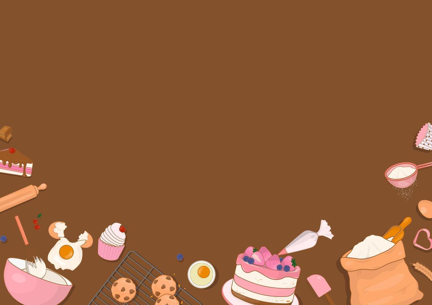 Sweet bakery and ingredients on brown background vector