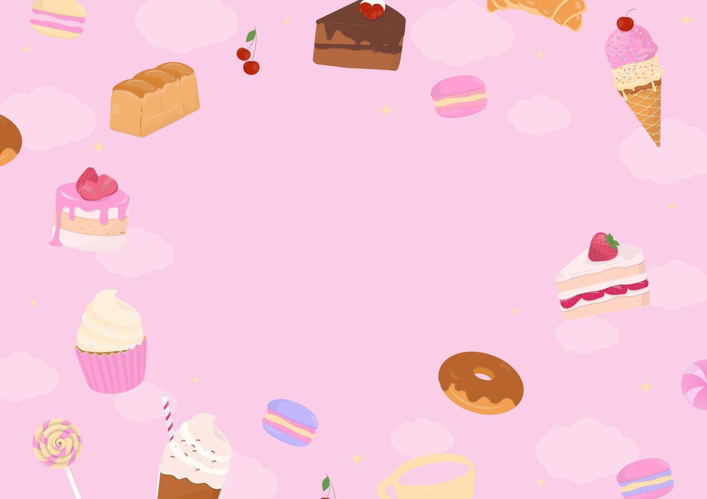 Dessert and drinks on pink background vector