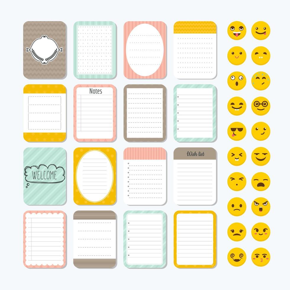 Template for notebooks. Cute design elements. Notes, labels, stickers, smile emoji. Collection of various note papers. Flat style vector