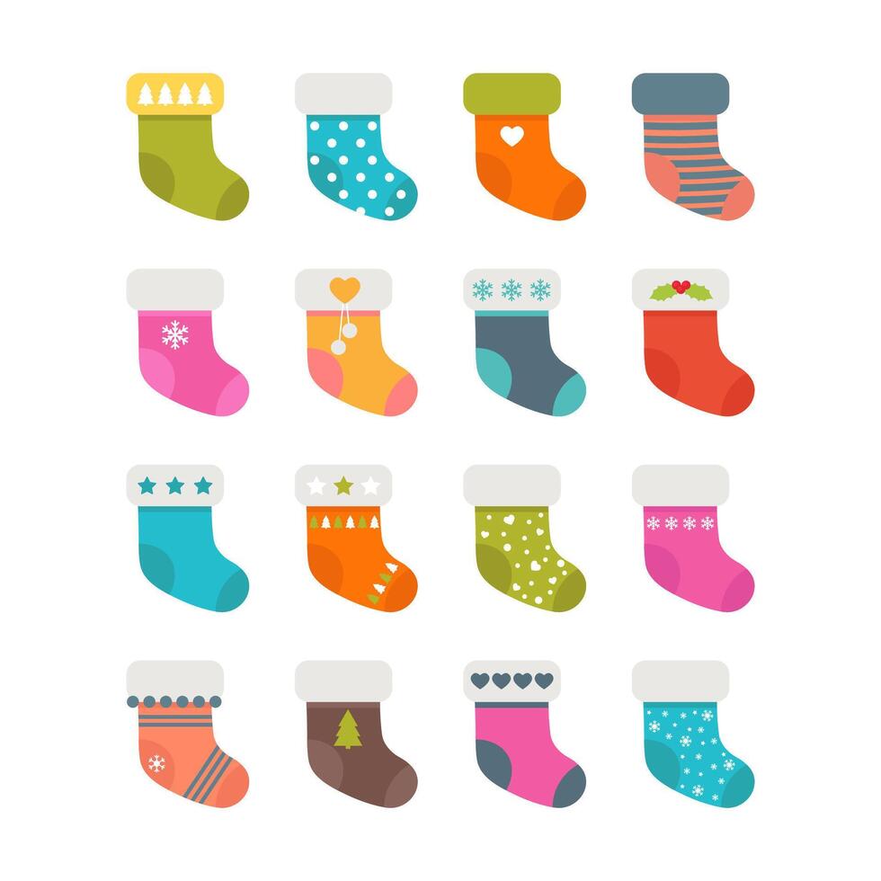 Set of colorful socks with different patterns. Christmas stockings vector