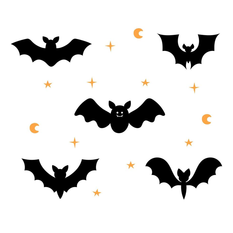 Bats set. Cartoon characters for Halloween decorations. Collection of hand drawn black silhouettes of bats vector