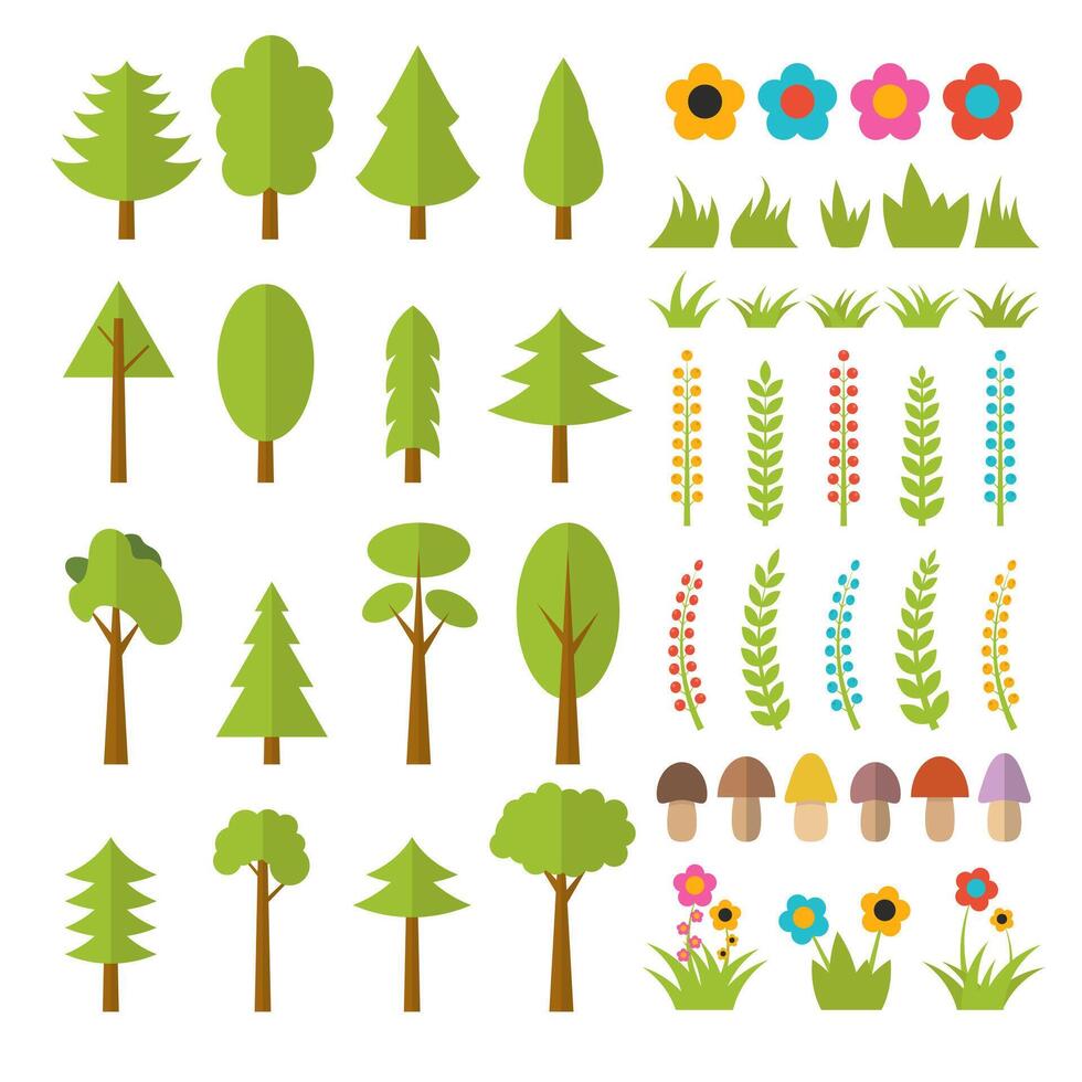 conjunto de plano bosque elementos. incluir hongos, césped, bayas, árboles, flores y ramas vector