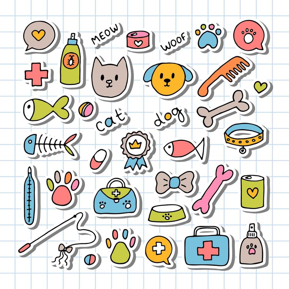 mano dibujado veterinario iconos mascota tienda o Tienda concepto. cuidando para animales perros, gatos mascotas cosas y suministro conjunto vector