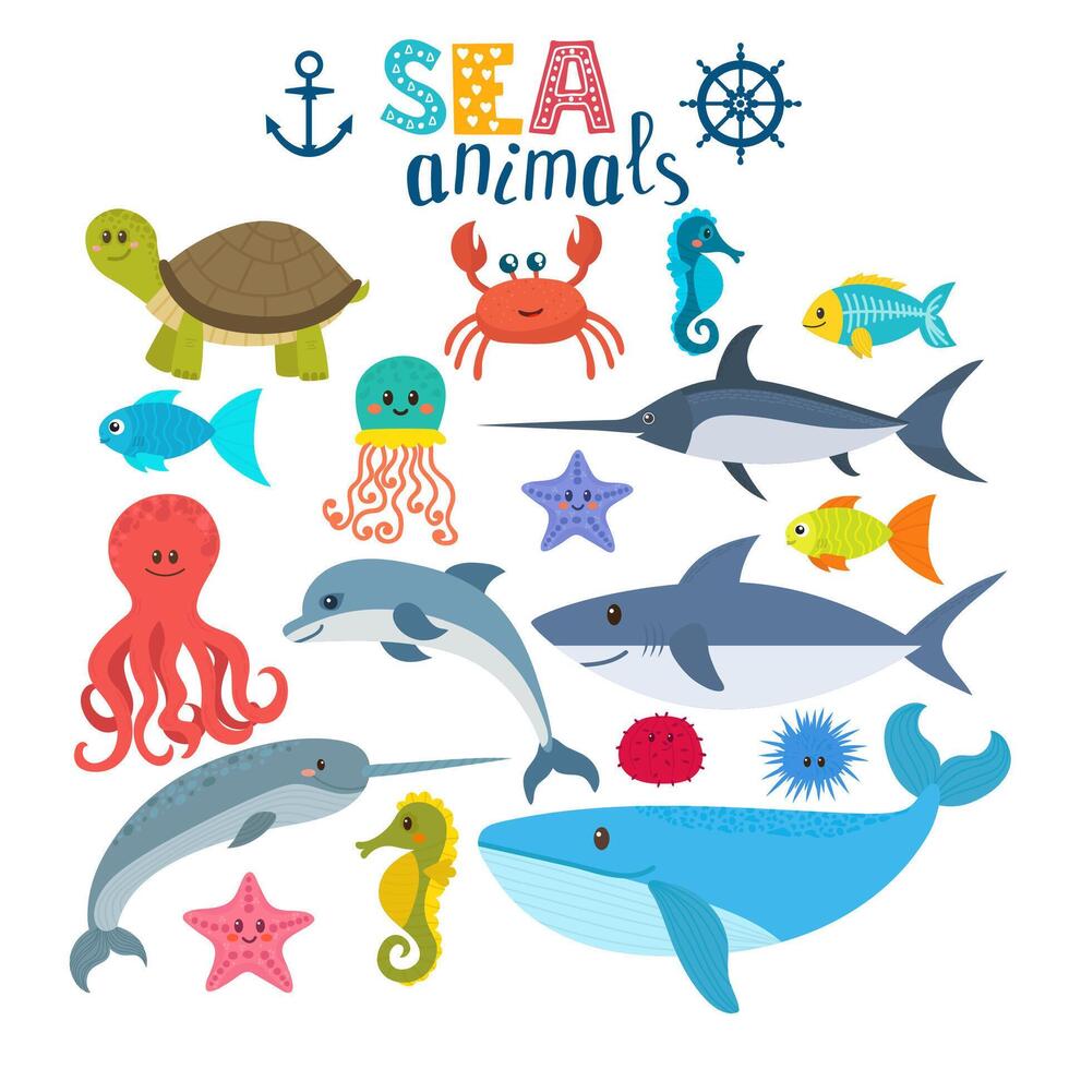 vector conjunto de mar criaturas linda dibujos animados animales