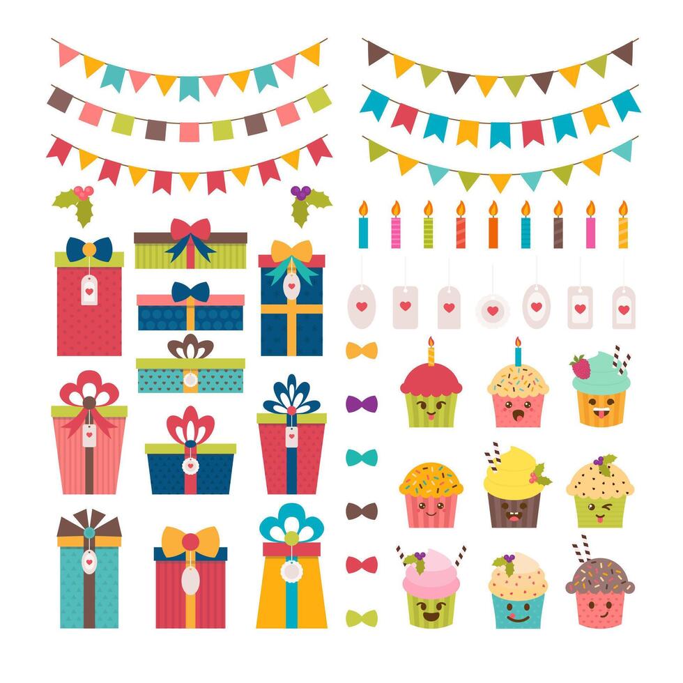 Set of birthday party or Christmas design elements. Colorful flags, cupcakes, gifts, candles, bows and labels vector