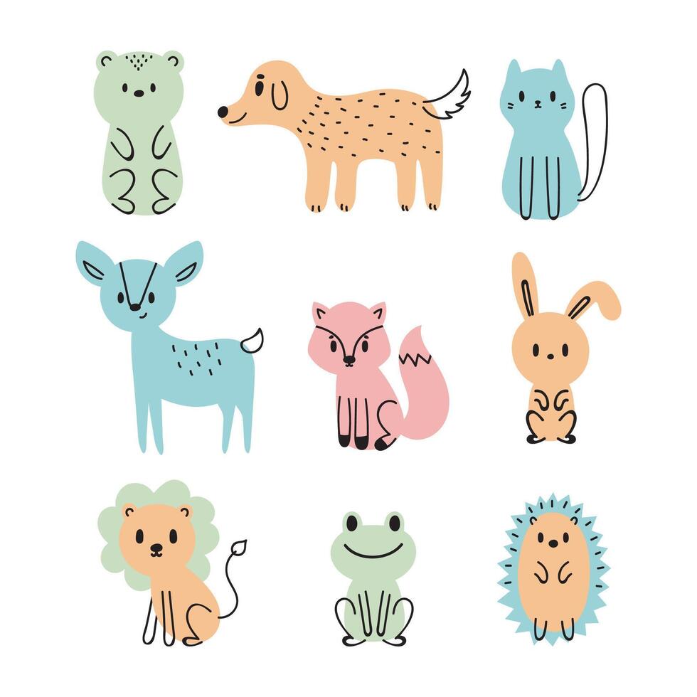 Set of cute cartoon animals. Bear, dog, cat, deer, fox, bunny, lion, frog, hedgehog. Funny hand drawn characters for invitation or birthday party vector