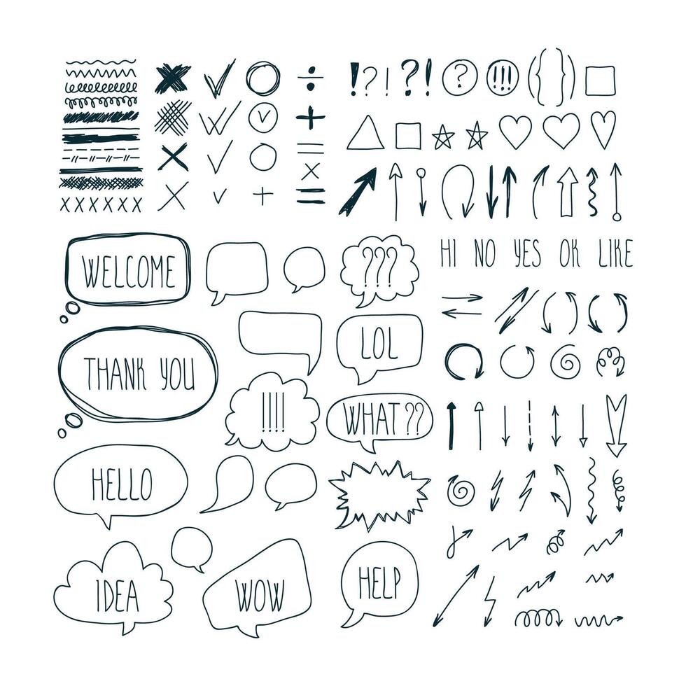 Big set of sketch arrows, speech bubbles clouds, strokes and hatched badges. Business doodles. Hand drawn design elements vector