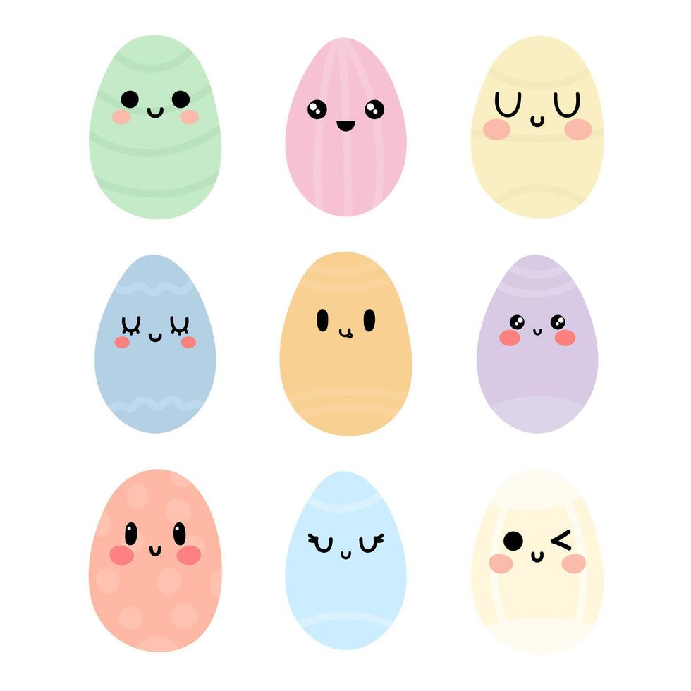 gracioso contento huevos en kawaii estilo. linda dibujos animados caracteres. creativo mano dibujado huevos con diferente emociones brillante vector conjunto de Pascua de Resurrección íconos