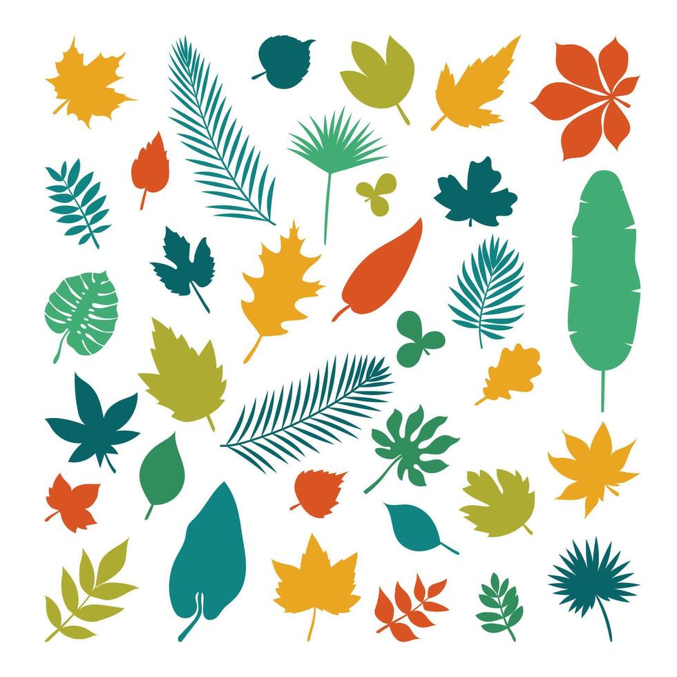 Silhouettes of leaves. Collection of leaves in cartoon flat style vector