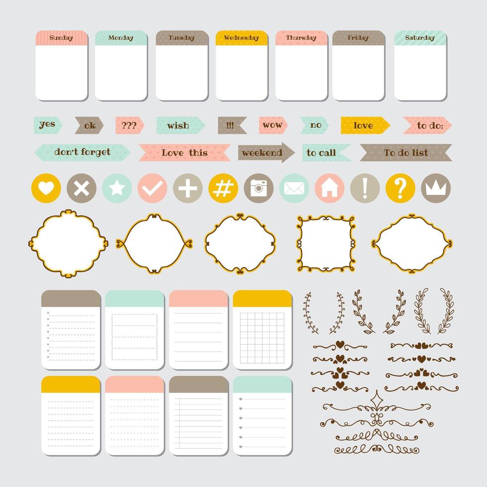 Design elements for website. Template for notebooks. Monthly planner. Set for blog design. Notes, stickers, labels vector