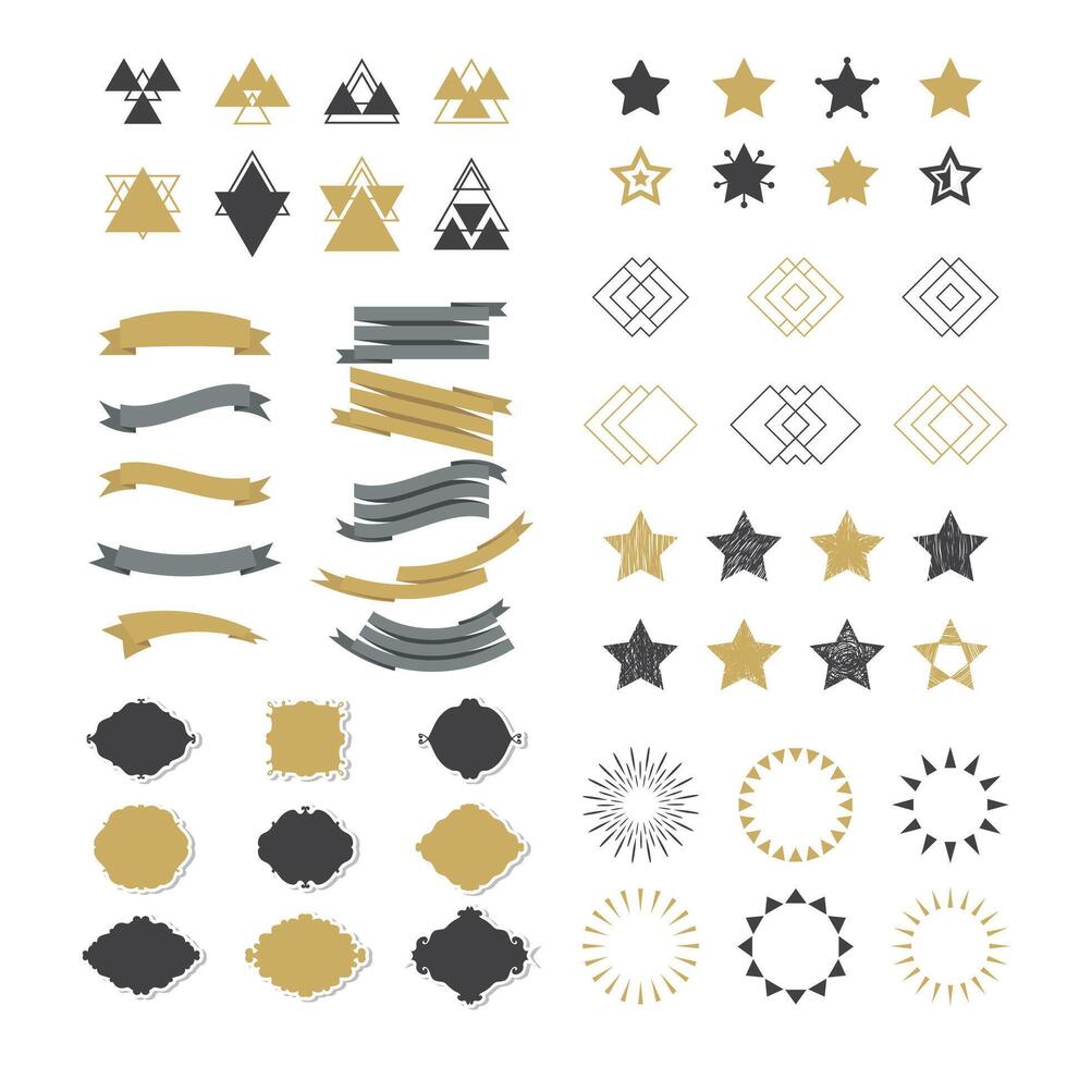 colección de prima diseño elementos. conjunto de cintas, estallidos de estrellas, geométrico formas, sellos, marcos, de moda hipster logotipos y estrella formas vector