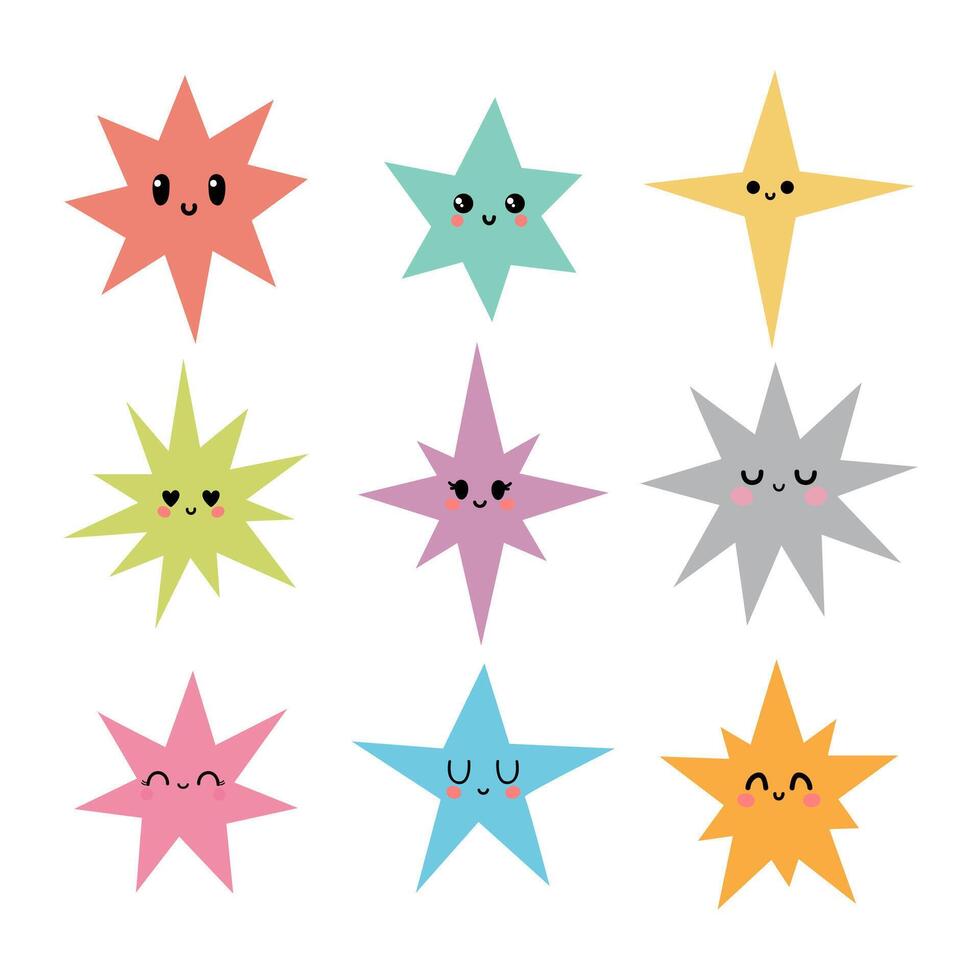 Funny happy stars in kawaii style. Cute cartoon characters for kids. Hand drawn stars with different emotions vector