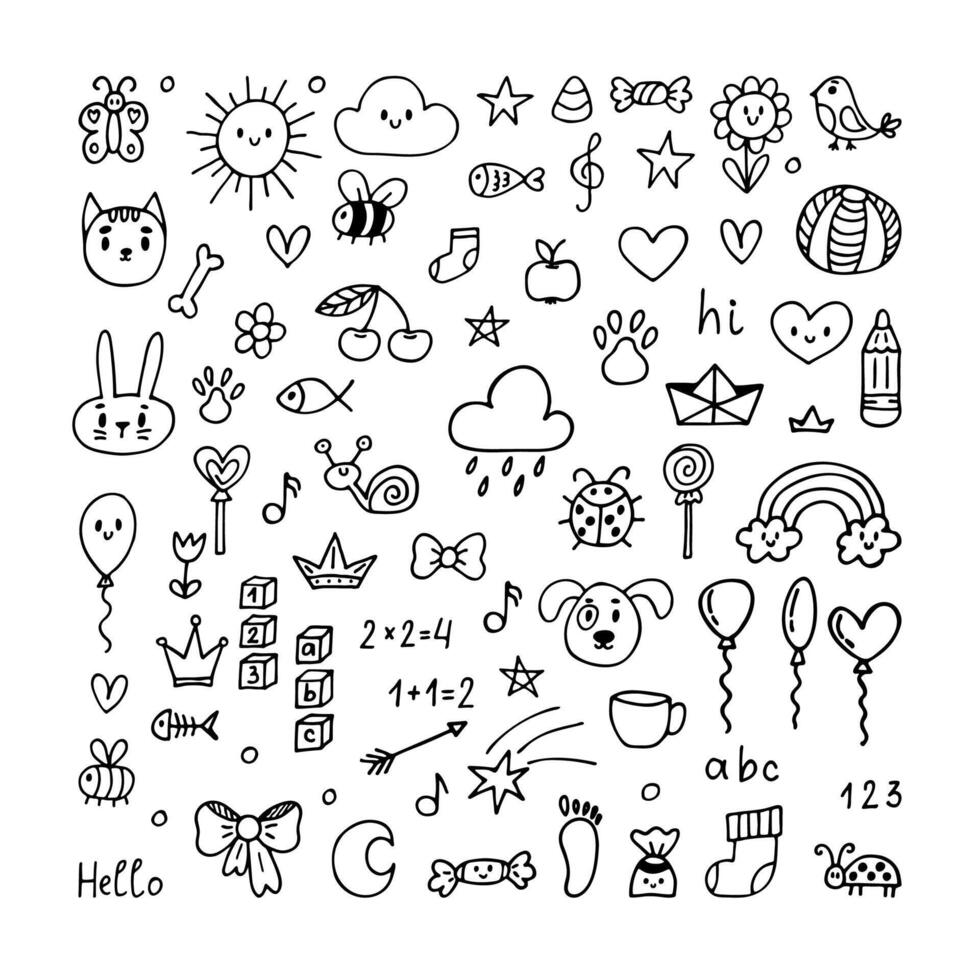 Set of hand drawn elements. Cute doodle art. Children drawing. Drawings in child style vector
