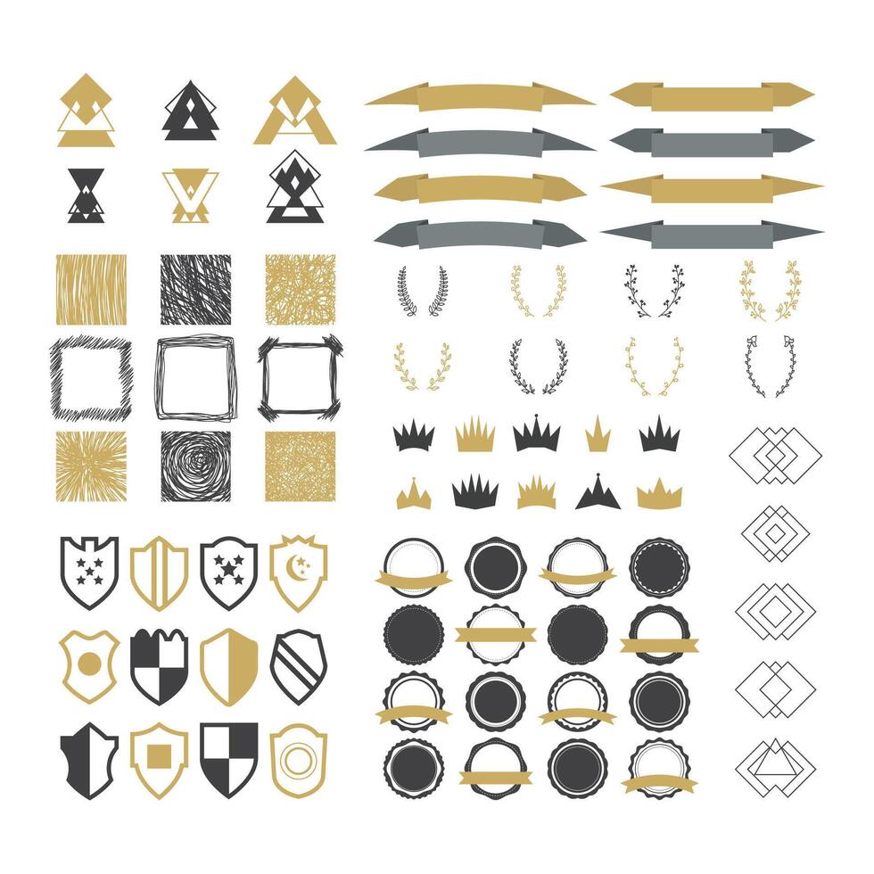 colección de prima diseño elementos. conjunto de cintas, geométrico formas, coronas, sellos, coronas, marcos, de moda hipster logotipos y escudos vector