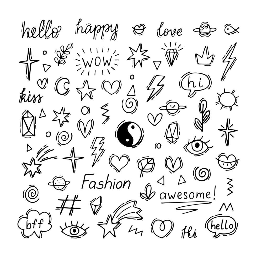 Doodle line set with different elements. Tattoo design. Cute hand drawn doodles. Graffiti decoration vector