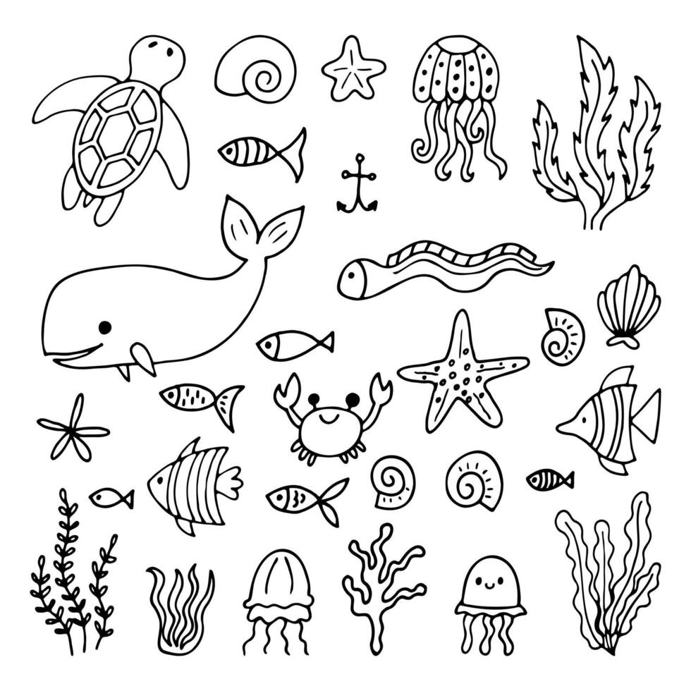 Set of sea animals in hand drawn style. Ocean life. Underwater, under the sea, marine vector