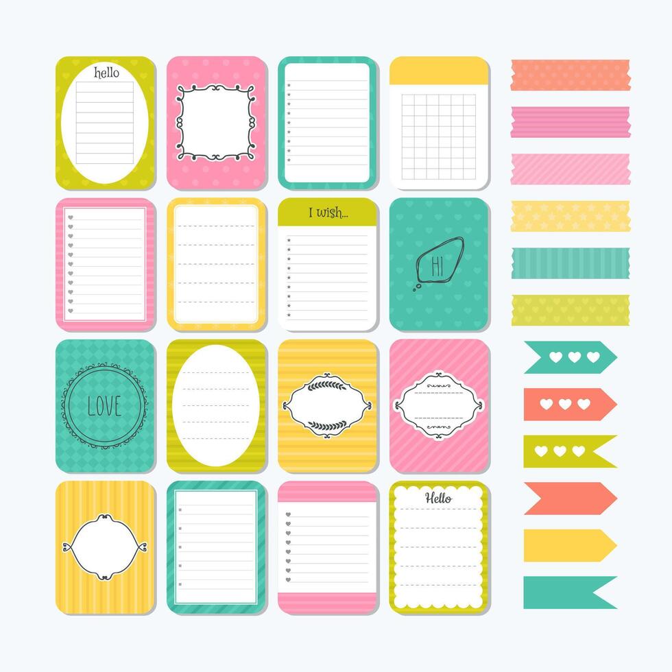 Template for notebooks. Cute design elements. Flat style. Notes, labels, stickers. Collection of various note papers vector