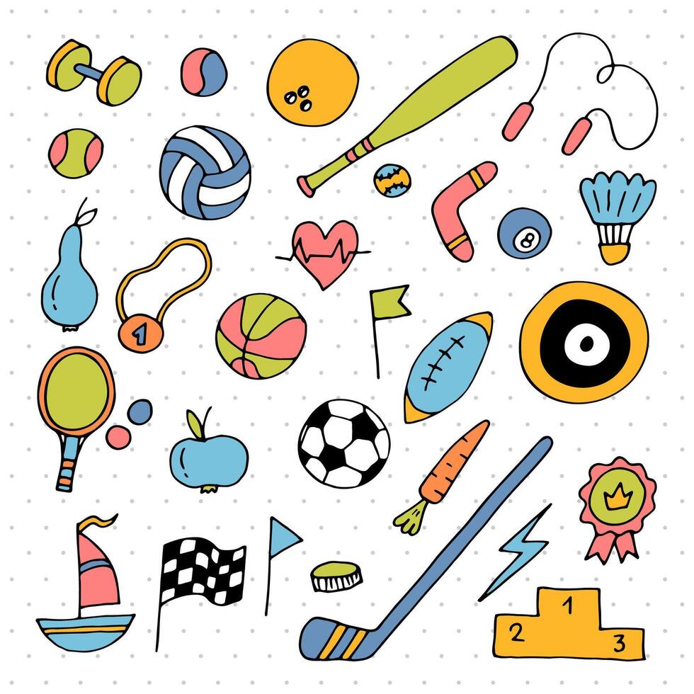 Set of hand drawn sport elements. Sport equipments icons collection. Fitness, healthy lifestyle vector