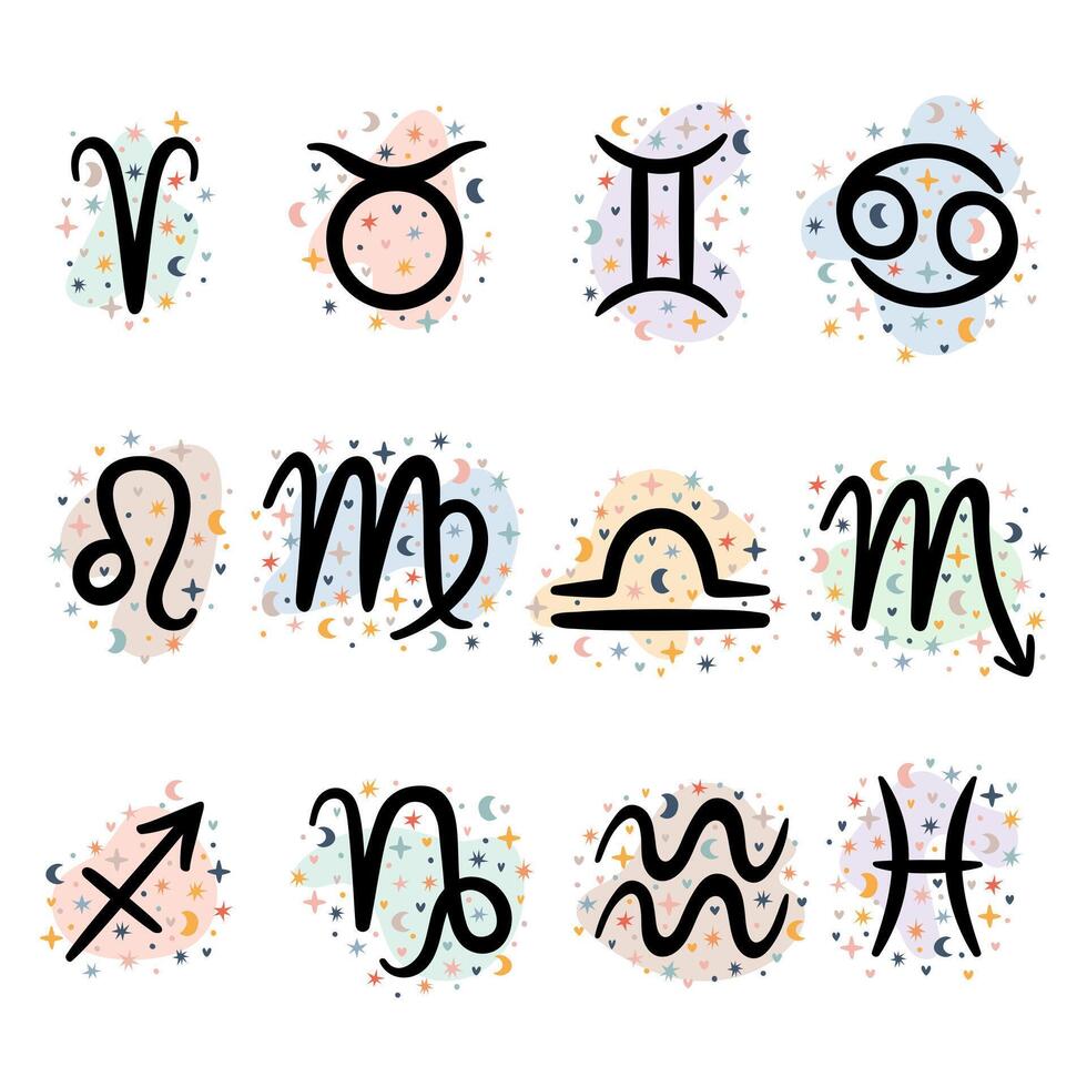 Hand drawn zodiac signs set. Astrological mystical symbols, icons. Horoscope. Stars vector