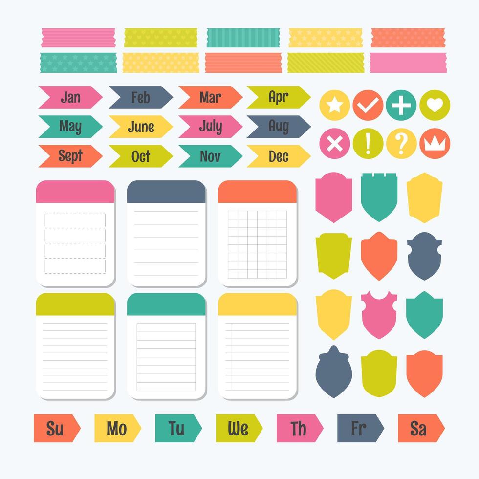 Collection of various note papers with different tape strips. Template for notebooks. Monthly planner. Notes, labels, stickers. Cute design elements vector